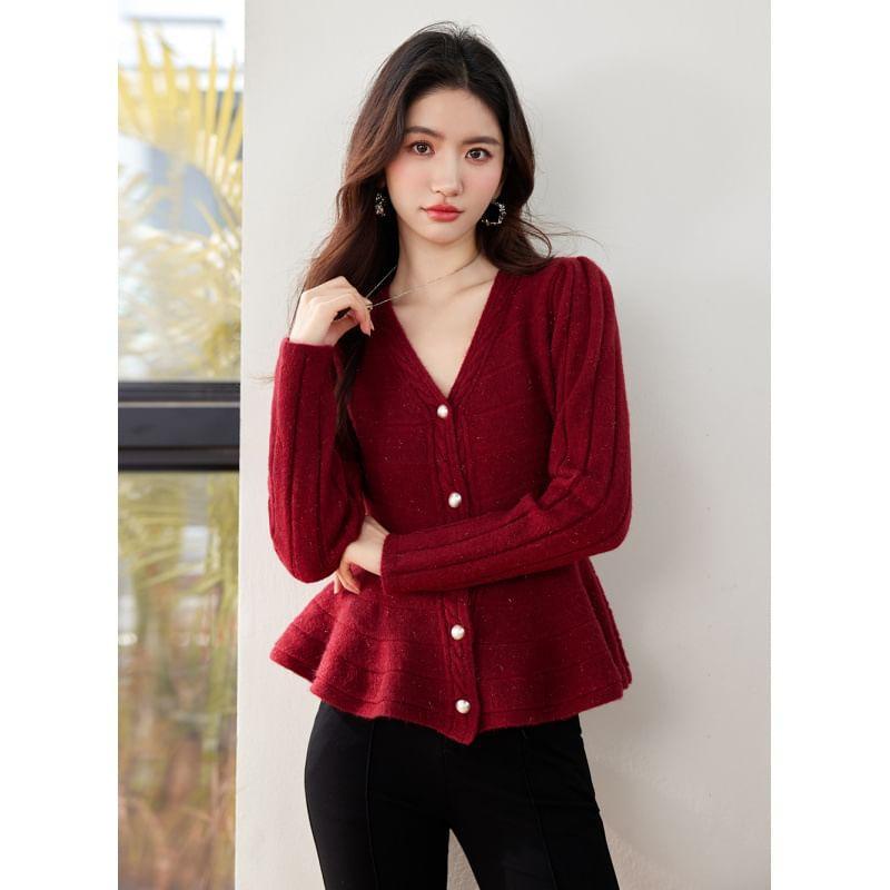 V-Neck Plain Cable Knit Button-Up Crop Cardigan Product Image