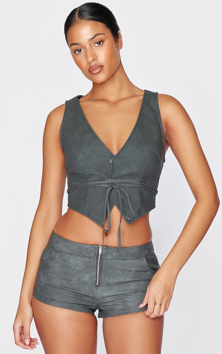 Tall Washed Grey Faux Leather Tie Waist Vest Product Image