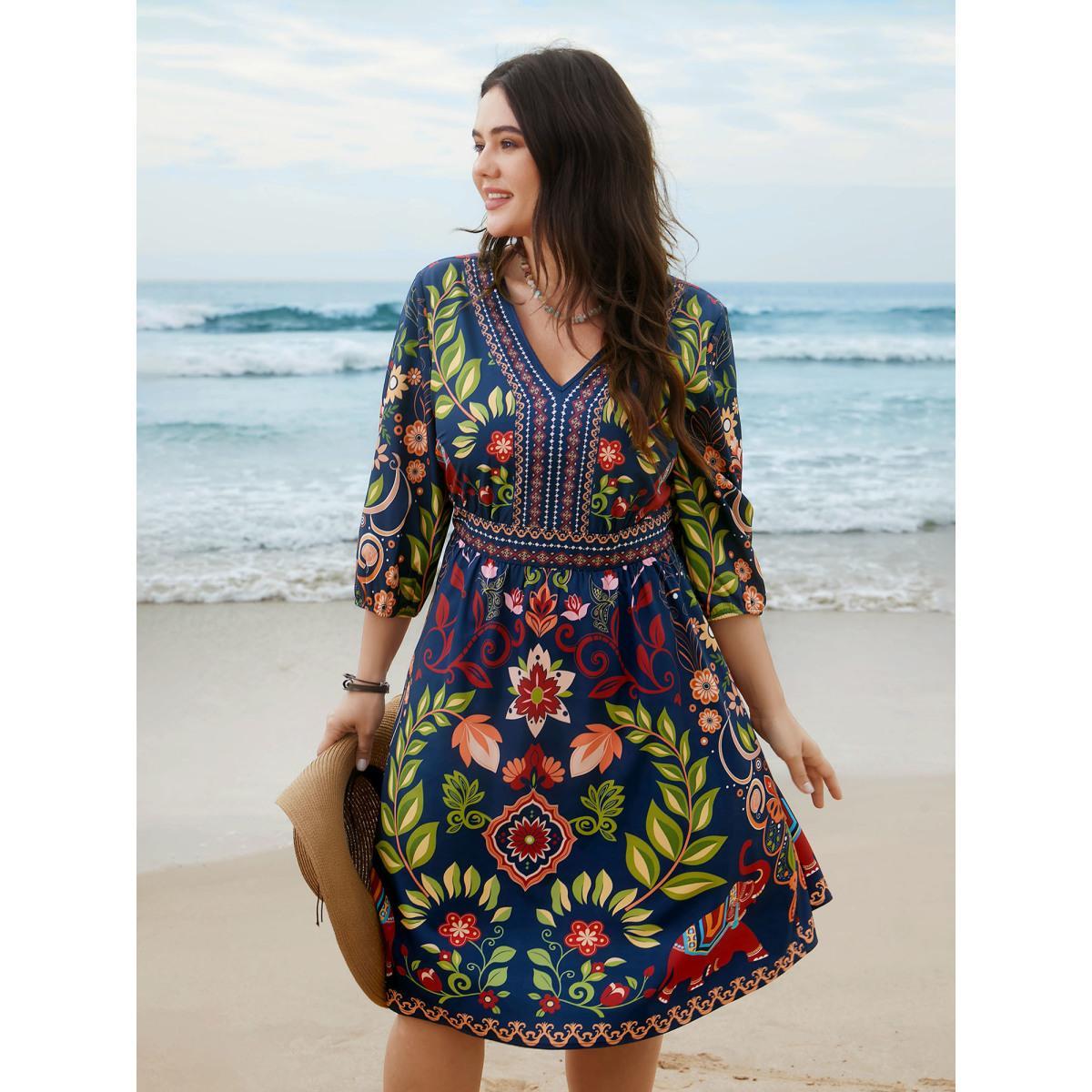 Plus Size Boho Print V-Neck Pockets Midi Dress DarkBlue Women Boho Non V-neck Elbow-length sleeve Curvy BloomChic 26/4X Product Image