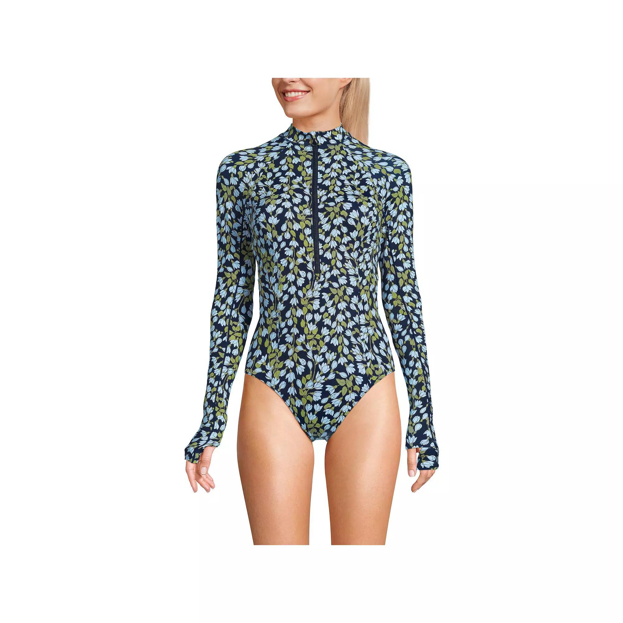 Women's Lands' End Tugless Long Sleeve Rashguard One Piece Swim Suit,  Product Image