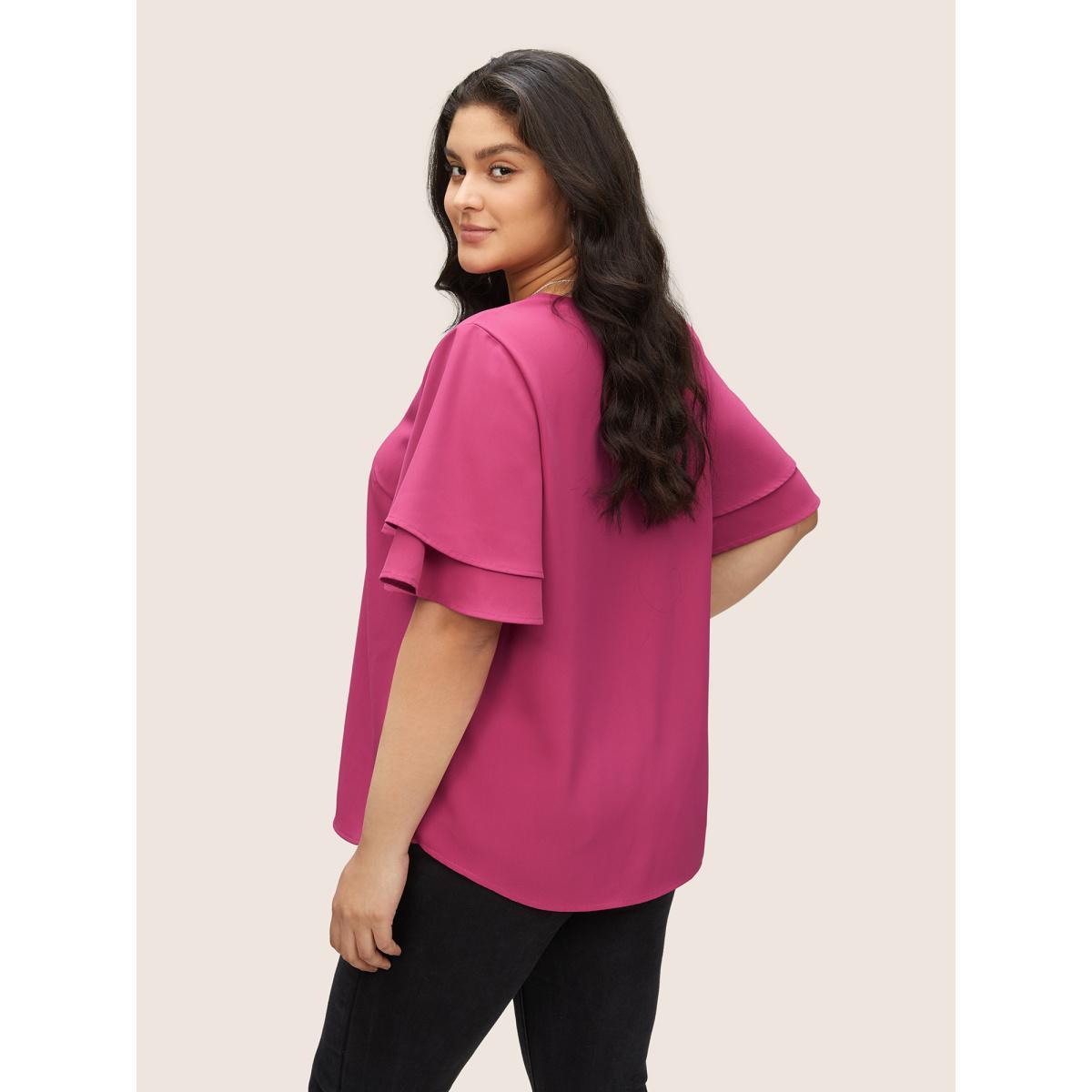 Plus Size RedViolet Anti-Wrinkle Pleated Tiered Flutter Sleeve Blouse Women Office Short sleeve V-neck Work Blouses BloomChic 28/5X Product Image