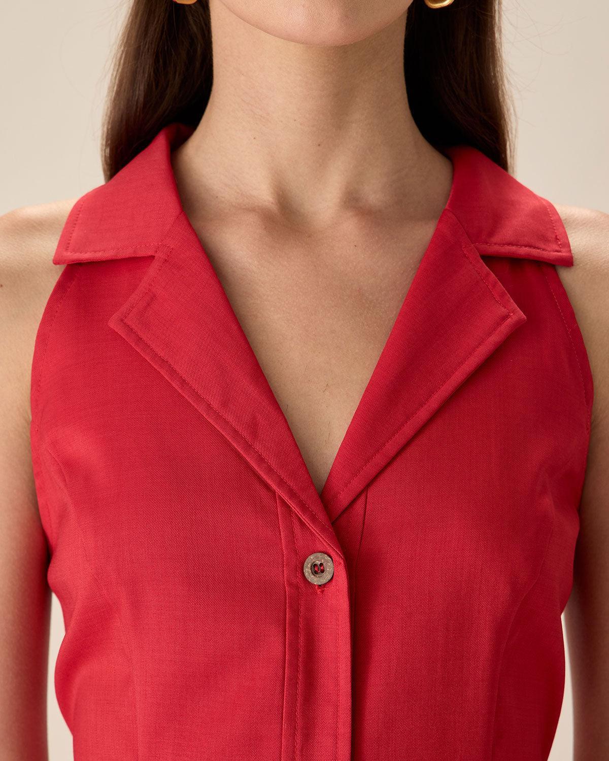 Red Collared Pocket Button Mini Dress Product Image