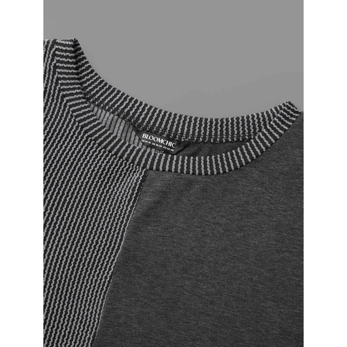 Plus Size Round Neck Textured Patchwork T-shirt Black Women Casual Texture Round Neck Everyday T-shirts BloomChic 14-16/1X Product Image