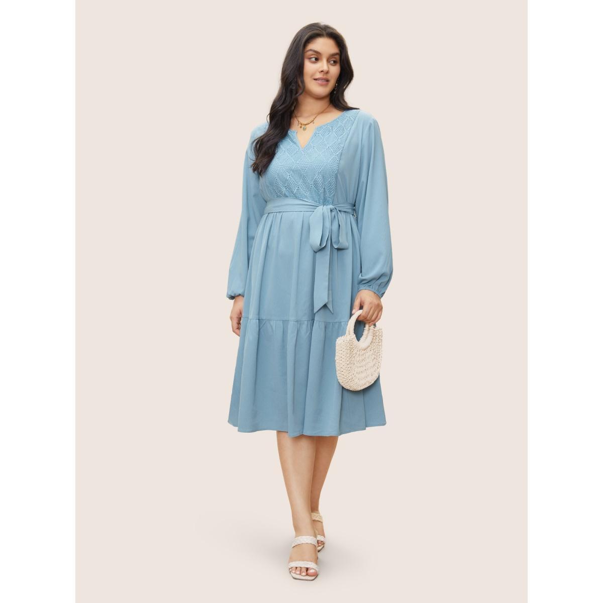 Plus Size Geometric Hollow Out Notched Ruffle Layered Hem Dress LightBlue Women Elegant Broderie anglaise Round Neck Long Sleeve Curvy Midi Dress BloomChic 30/6X Product Image