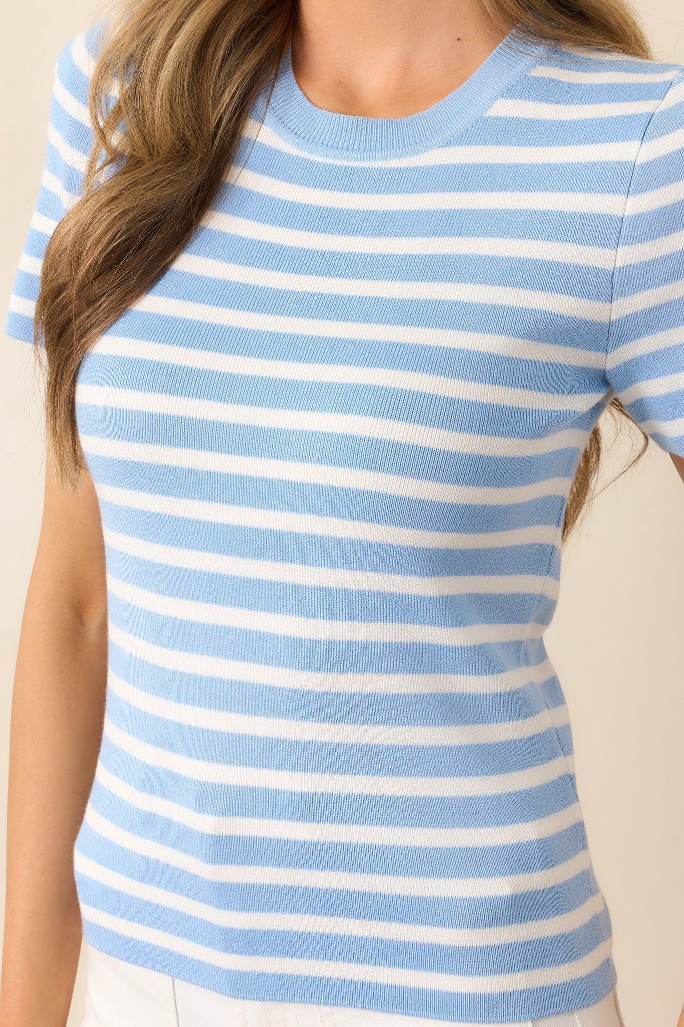 Let's Catch Up Light Blue Stripe Short Sleeve Top Product Image