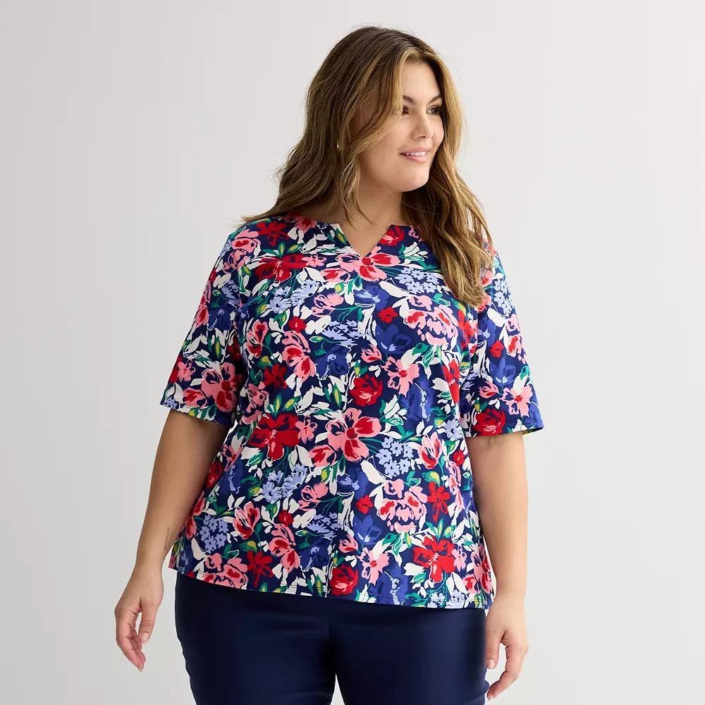 Plus Size Croft & Barrow® Elbow Sleeve Split Neck Top, Women's, Size: 1XL, Blue Exploded Floral Product Image