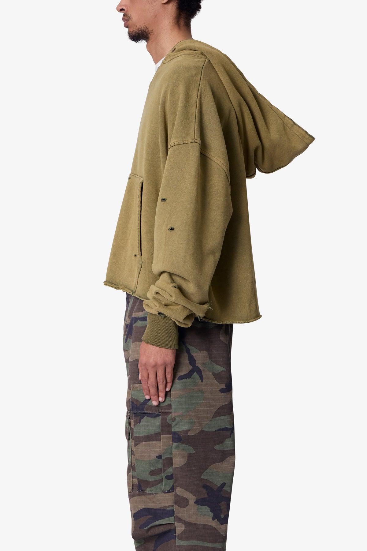 Destroyed V Neck Hoodie - Washed Olive Product Image
