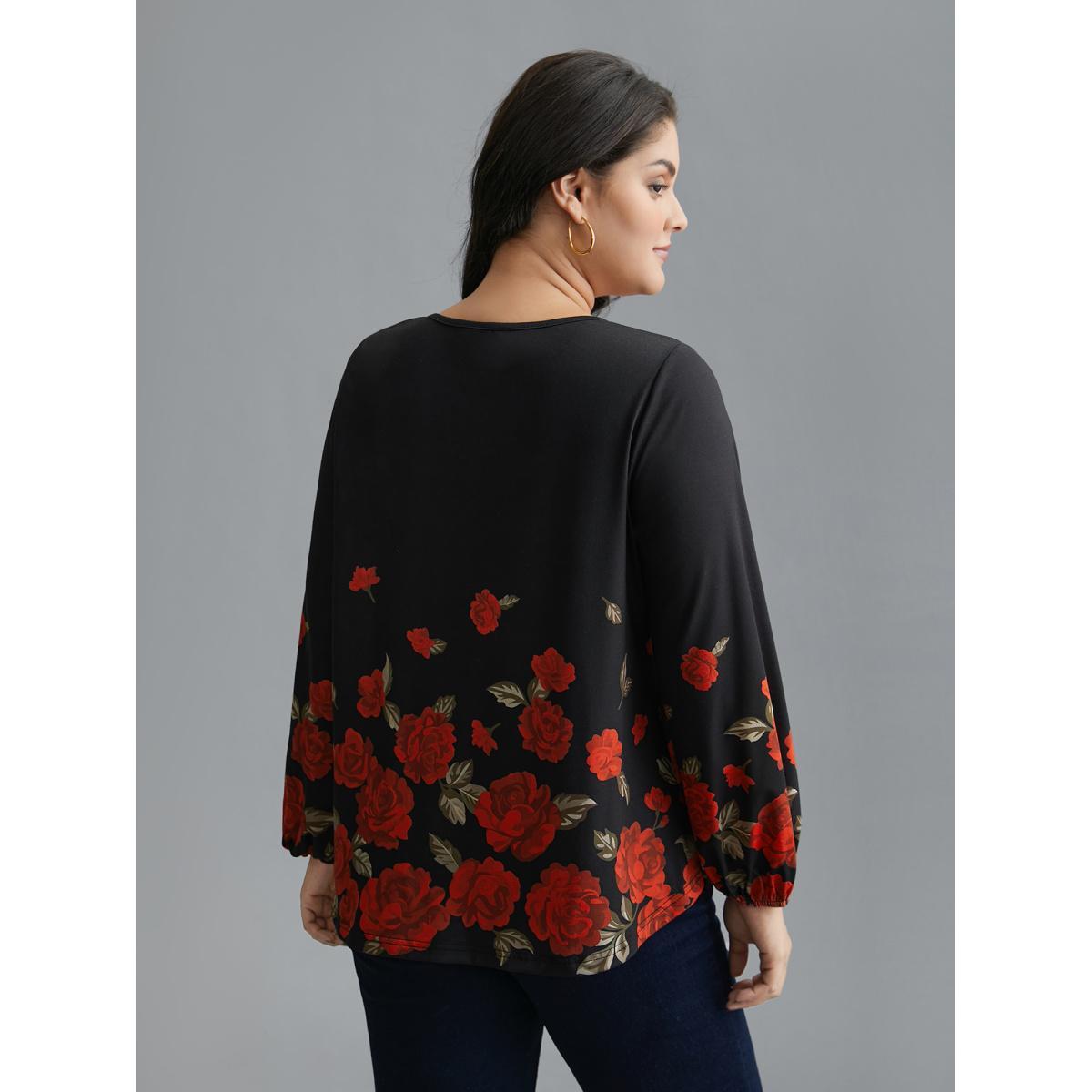 Plus Size Floral Hem V-Neck Stretchy T-shirt Black Women Elegant Contrast Natural Flowers V-neck Everyday T-shirts BloomChic 10/M Product Image