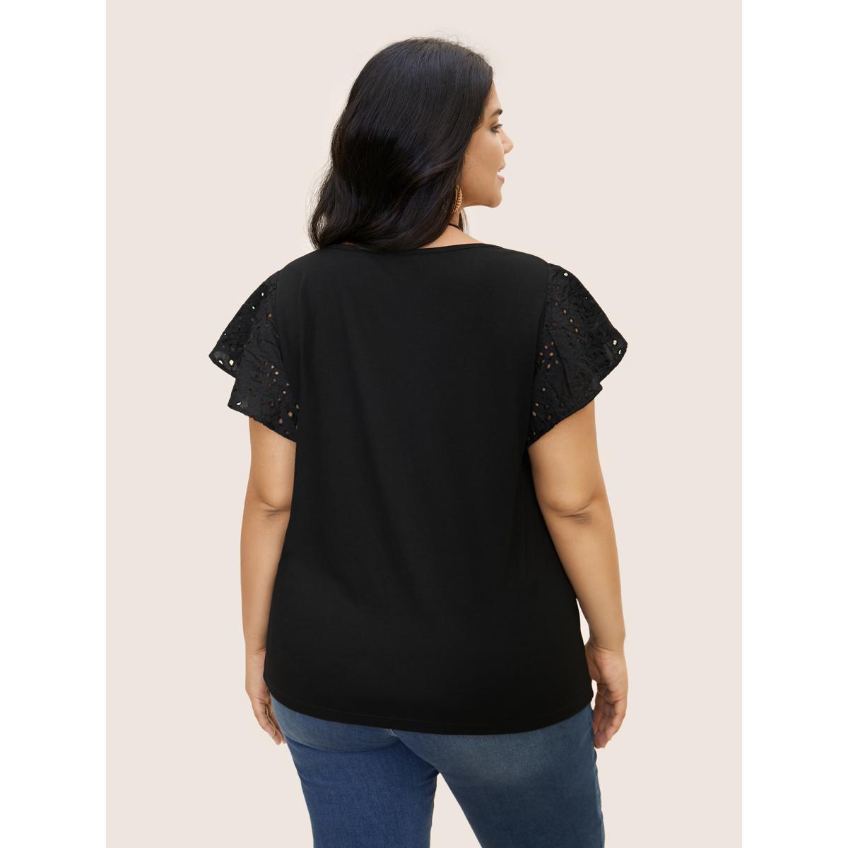 Plus Size Solid Broderie Anglaise Ruffle Cap Sleeve T-shirt Black Women Resort Cut-Out Round Neck Vacation T-shirts BloomChic 22-24/3X Product Image