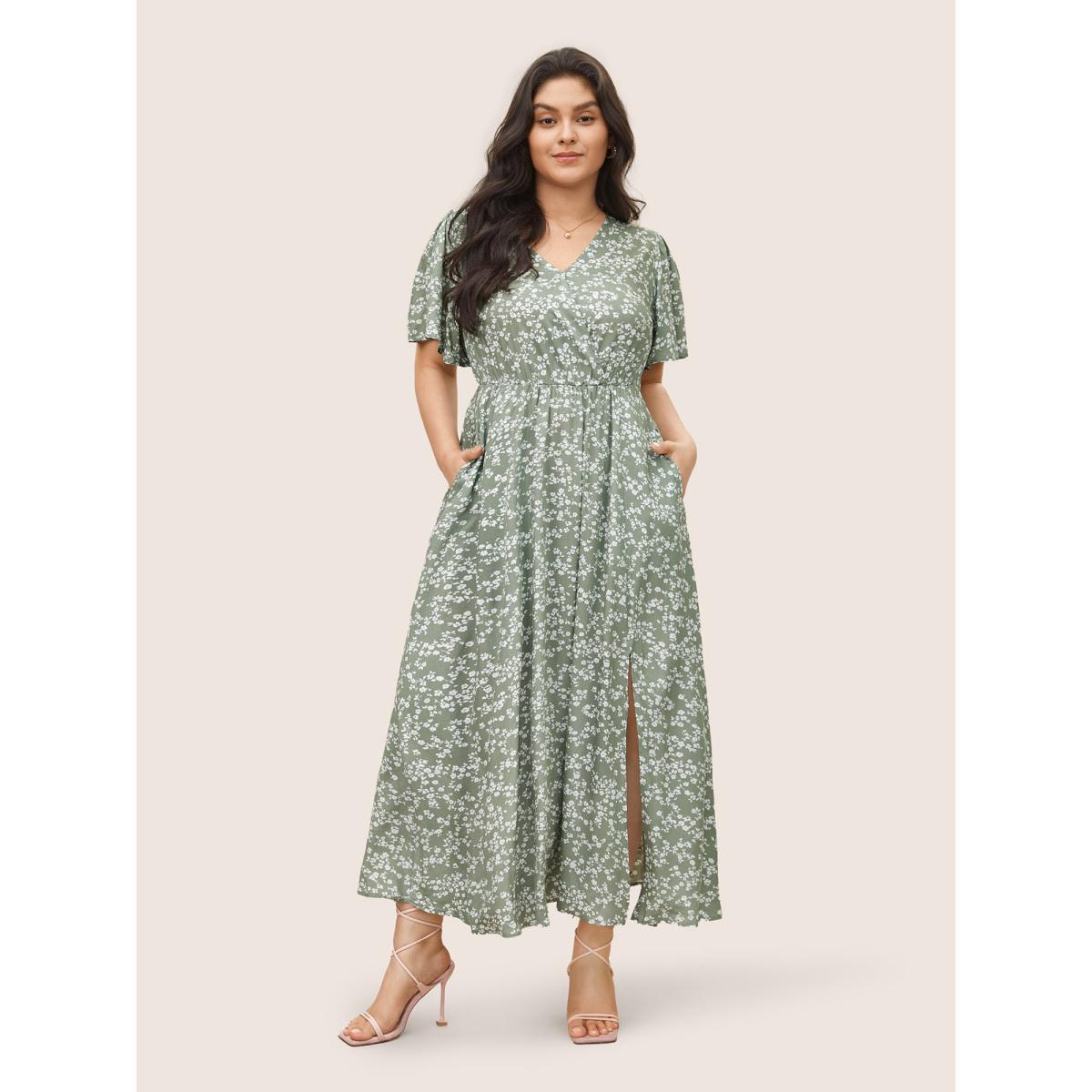 Plus Size Bloom Dress - Flutter Sleeve Ditsy Floral Pocket Split Maxi Dress LightGreen Women Romantic Slit V-neck Half Sleeve Curvy Long Dress BloomChic 10/M Product Image