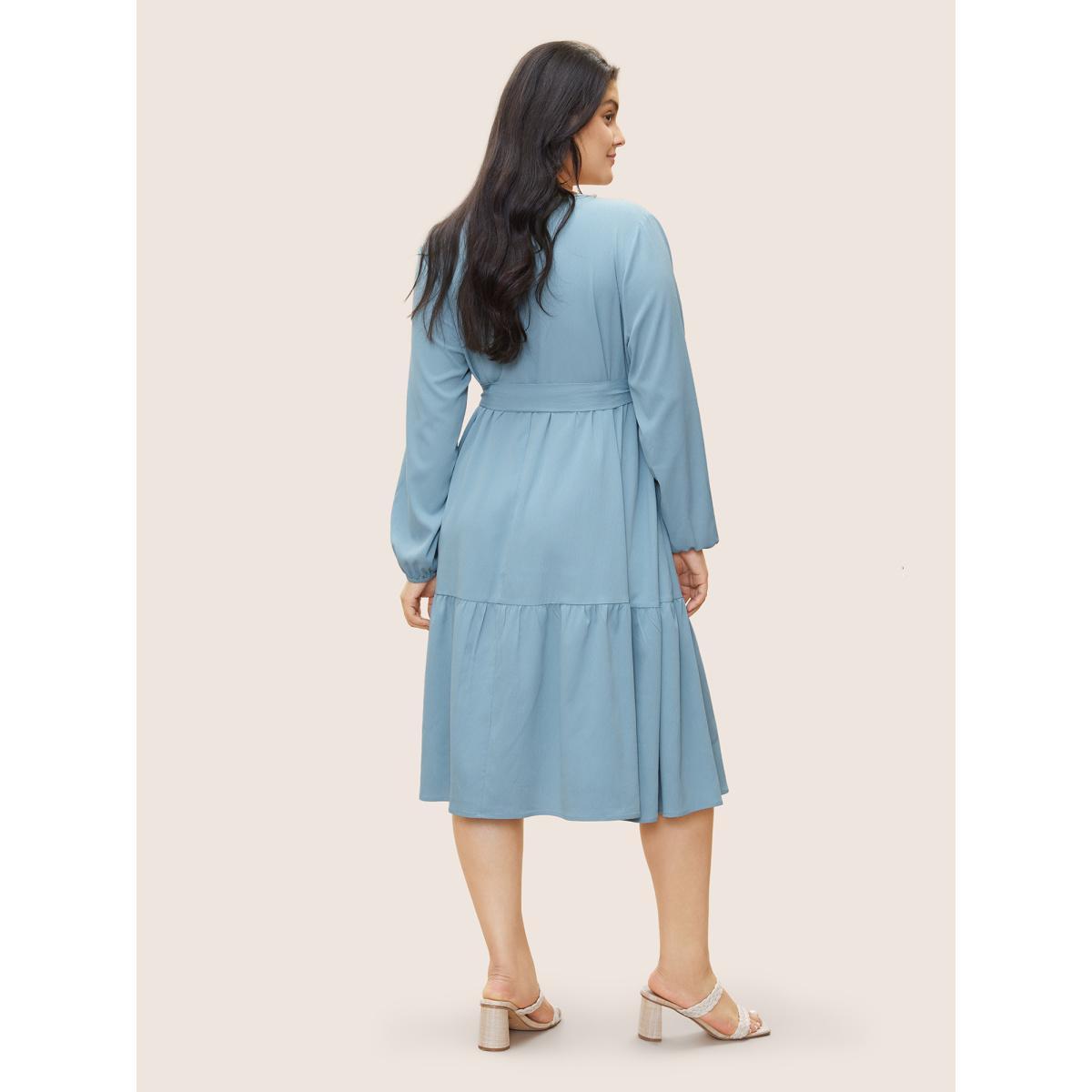 Plus Size Geometric Hollow Out Notched Ruffle Layered Hem Dress LightBlue Women Elegant Broderie anglaise Round Neck Long Sleeve Curvy Midi Dress BloomChic 30/6X Product Image
