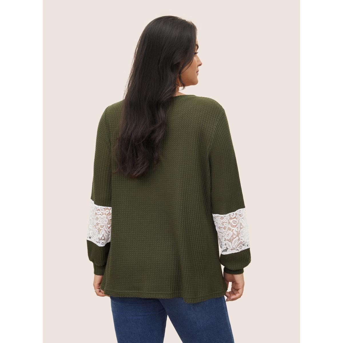 Plus Size Waffle Knit Contrast Lace Patchwork T-shirt ArmyGreen Women Elegant Contrast Plain Round Neck Everyday T-shirts BloomChic 12/L Product Image