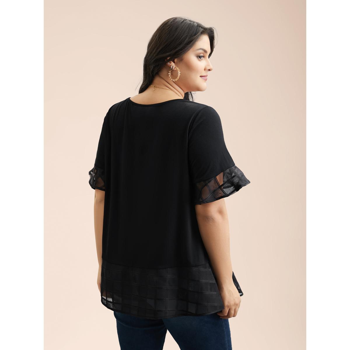 Plus Size Sheer Patchwork Ruffle Round Neck T-Shirt Black Women Elegant Patchwork Round Neck Everyday T-shirts BloomChic 14-16/1X Product Image