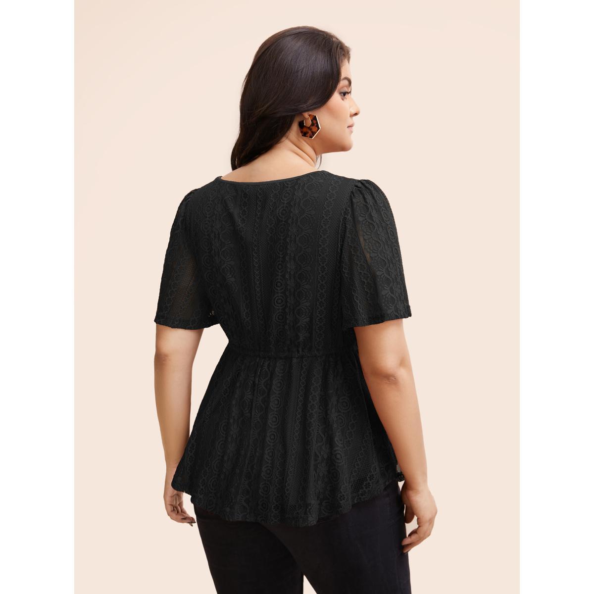 Plus Size DarkGreen V Neck Lace Panel Drawstring Blouse Women Romantic Short sleeve V-neck Elegant Blouses BloomChic 26/4X Product Image