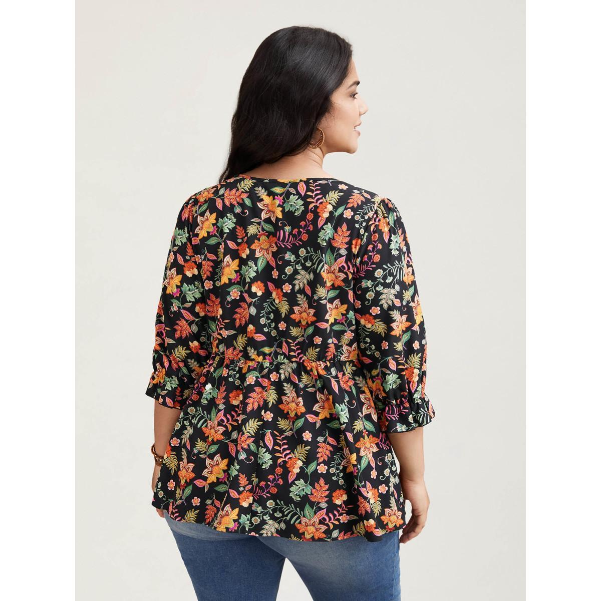 Plus Size Black Floral Print Knotted Neckline Flared Shirt Women Resort Elbow-length sleeve V-neck Vacation Blouses BloomChic 18-20/2X Product Image