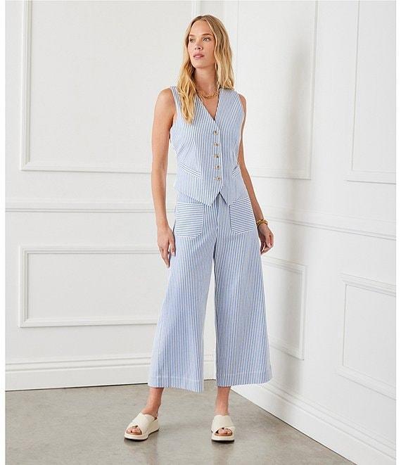 Karen Kane Wide Leg Blue Stripe Cropped Pants Product Image