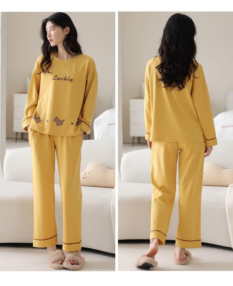 Loungewear Set : Long-Sleeve Bear Print Padded T-Shirt + Pants Product Image