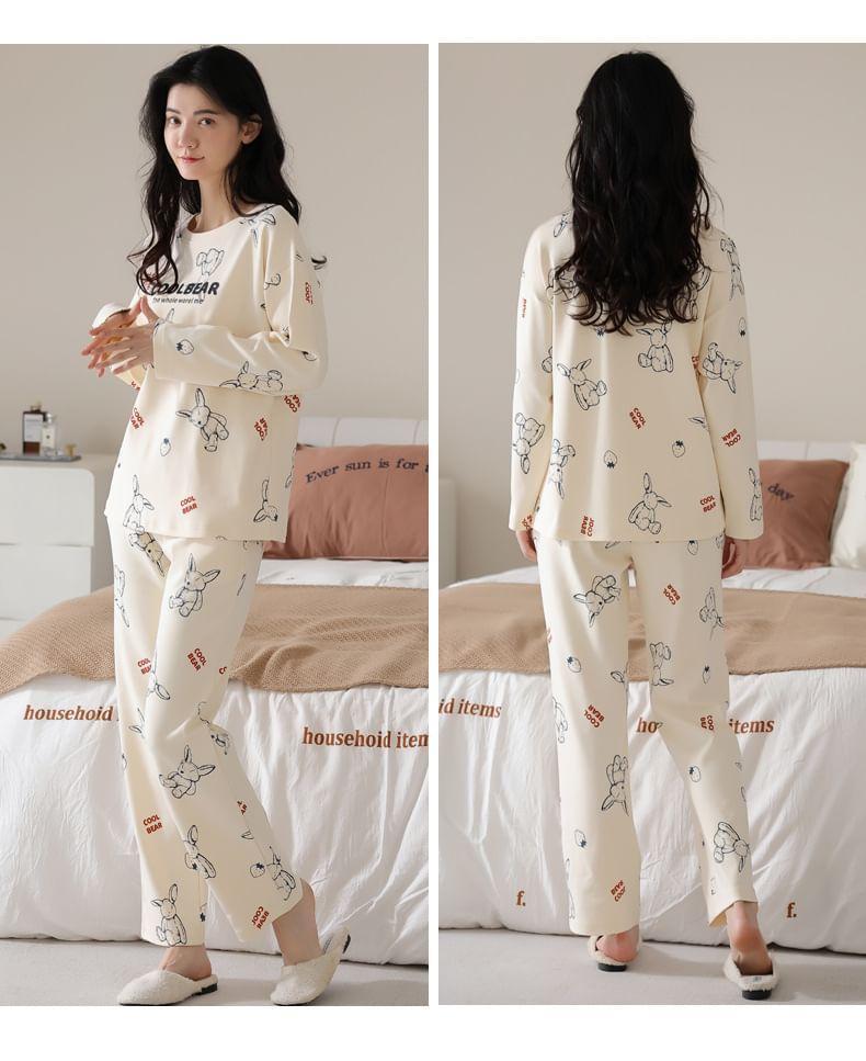 Loungewear Set : Long-Sleeve Bear Print Padded T-Shirt + Pants Product Image