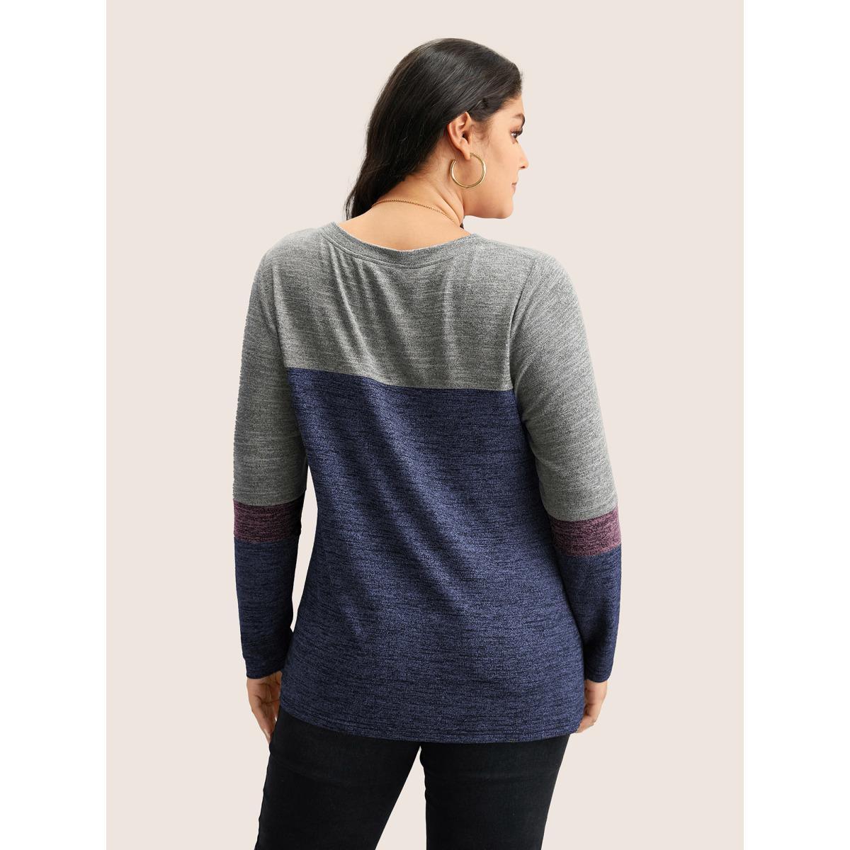 Plus Size Heather Colorblock Contrast Crew Neck T-shirt Blue Women Casual Texture Plain Round Neck Everyday T-shirts BloomChic 14-16/1X Product Image