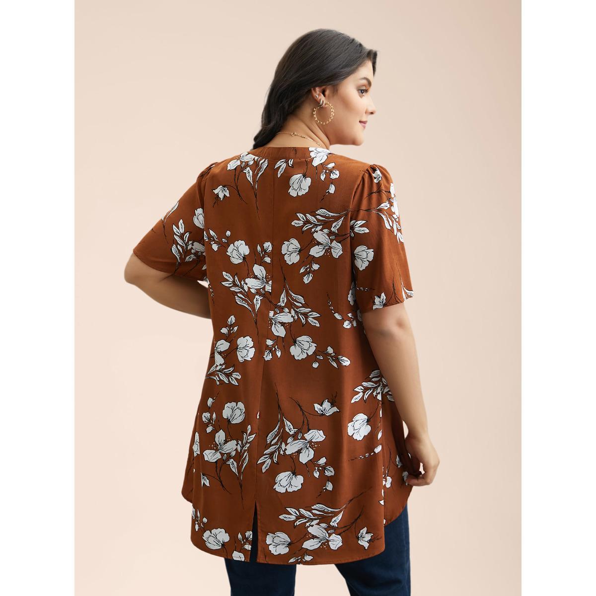 Plus Size Browncoffeecolor Floral Print Notched Collar Hi-Low Hem Blouse Women Elegant Half Sleeve Flat collar with V-notch Everyday Blouses BloomChic 14-16/1X Product Image