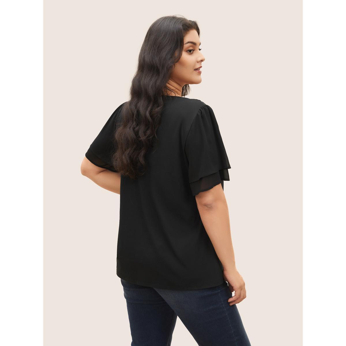 Plus Size Black Stretchy Woven Cut Out Lace Patchwork Blouse Women Elegant Short sleeve Round Neck Everyday Blouses BloomChic 18-20/2X Product Image