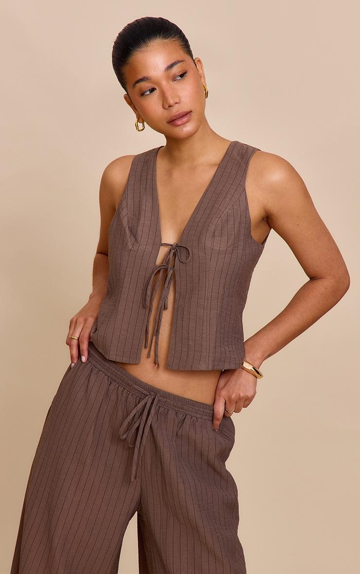 Brown Pinstriped Drawstring Wide Leg Pants Product Image