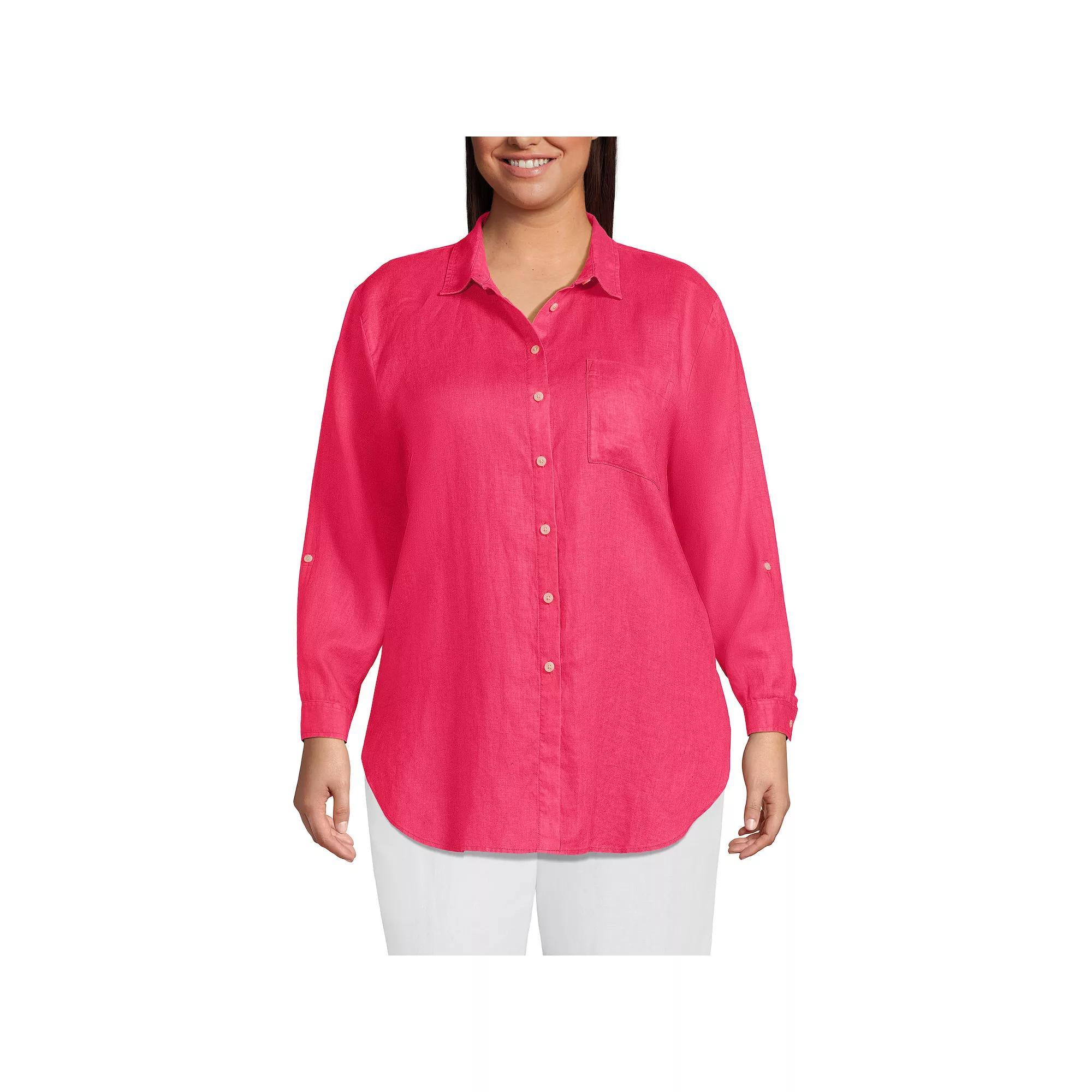 Plus Size Lands' End Linen Roll Sleeve Relaxed-Fit Tunic, Women's, Size: 3XL, Rouge Pink Product Image