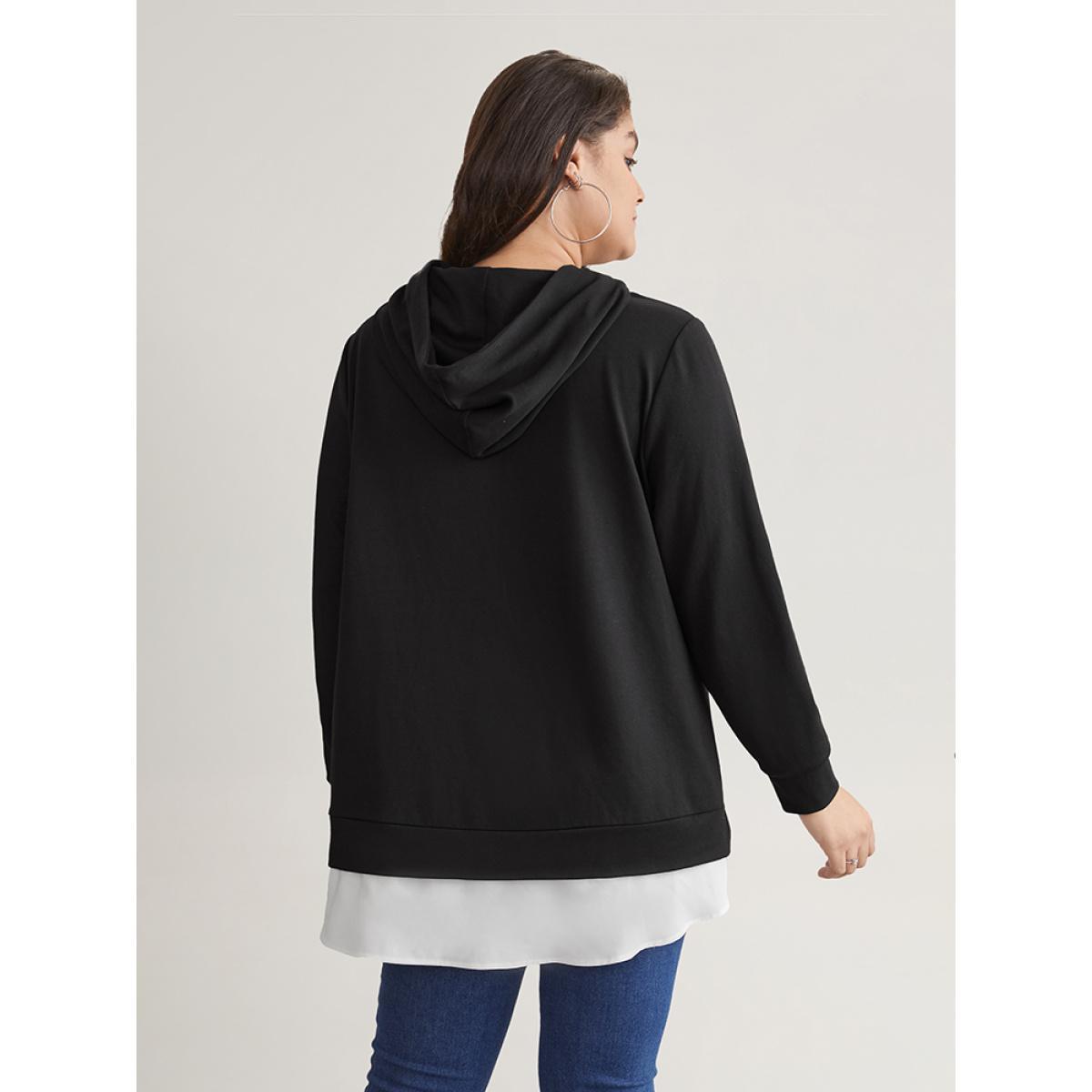 Plus Size 2-In-1 Patchwork Contrast Hooded Sweatshirt Women Black Casual Contrast Hooded Dailywear Sweatshirts BloomChic 22-24/3X Product Image