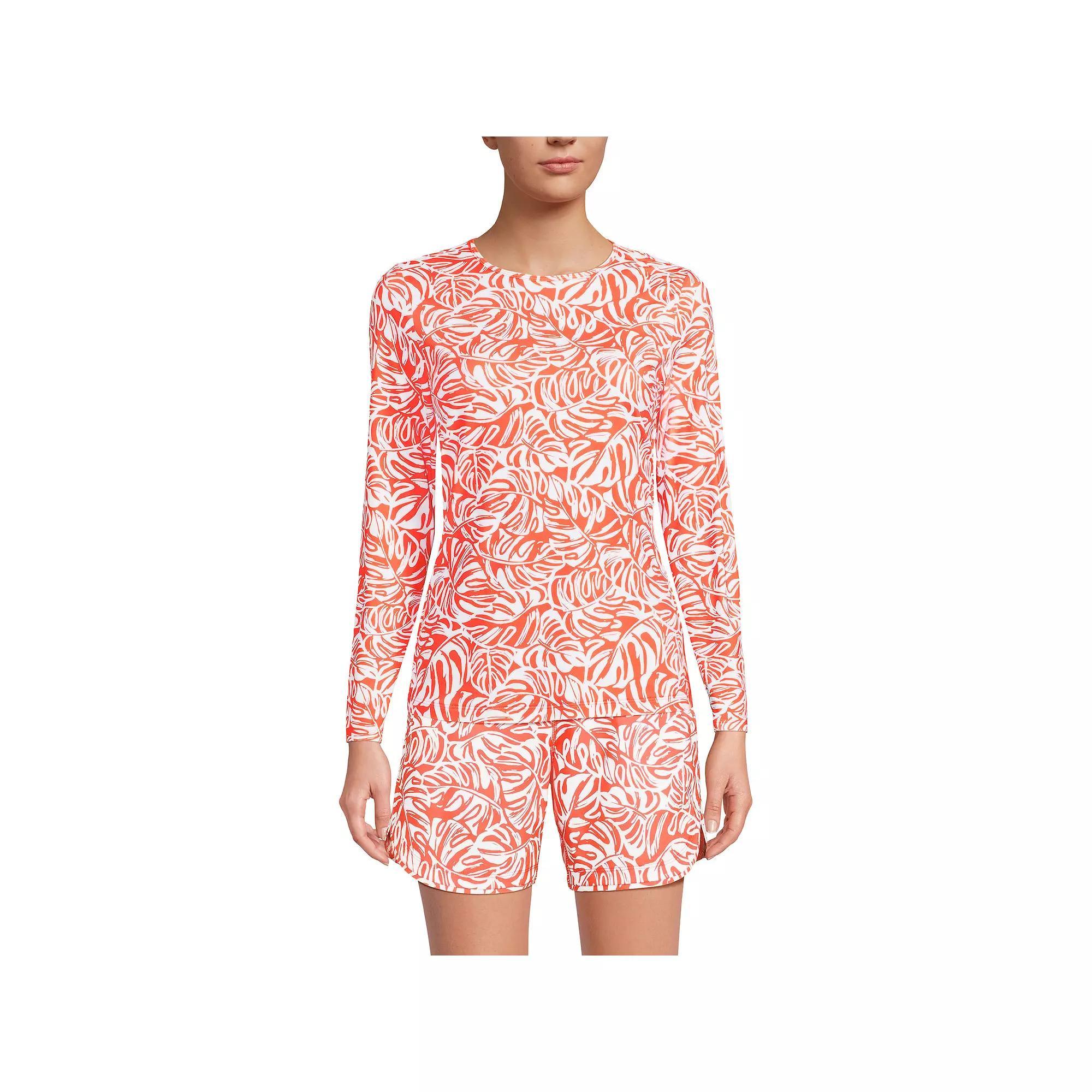 Women's Lands' End UPF 50 Long Sleeve Rash Guard, Size: Medium, Orange Tropic Leaves Product Image