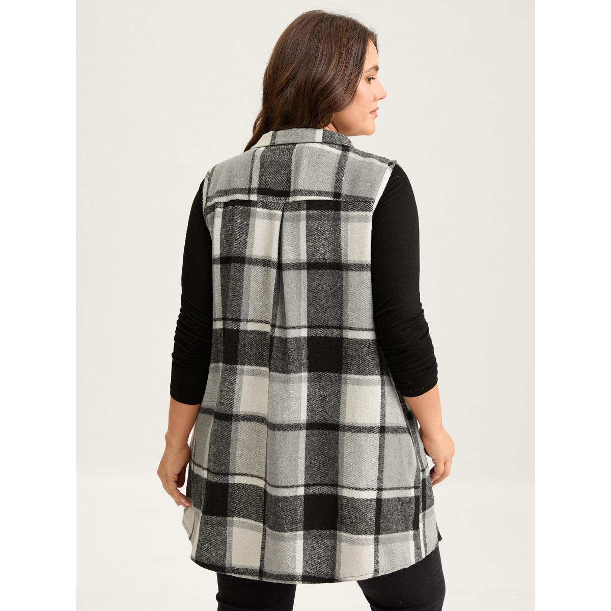 Plus Size Plaid Flap Detail Sleeveless Jacket Women Black Button Side seam pocket Casual Jackets BloomChic 30/6X Product Image