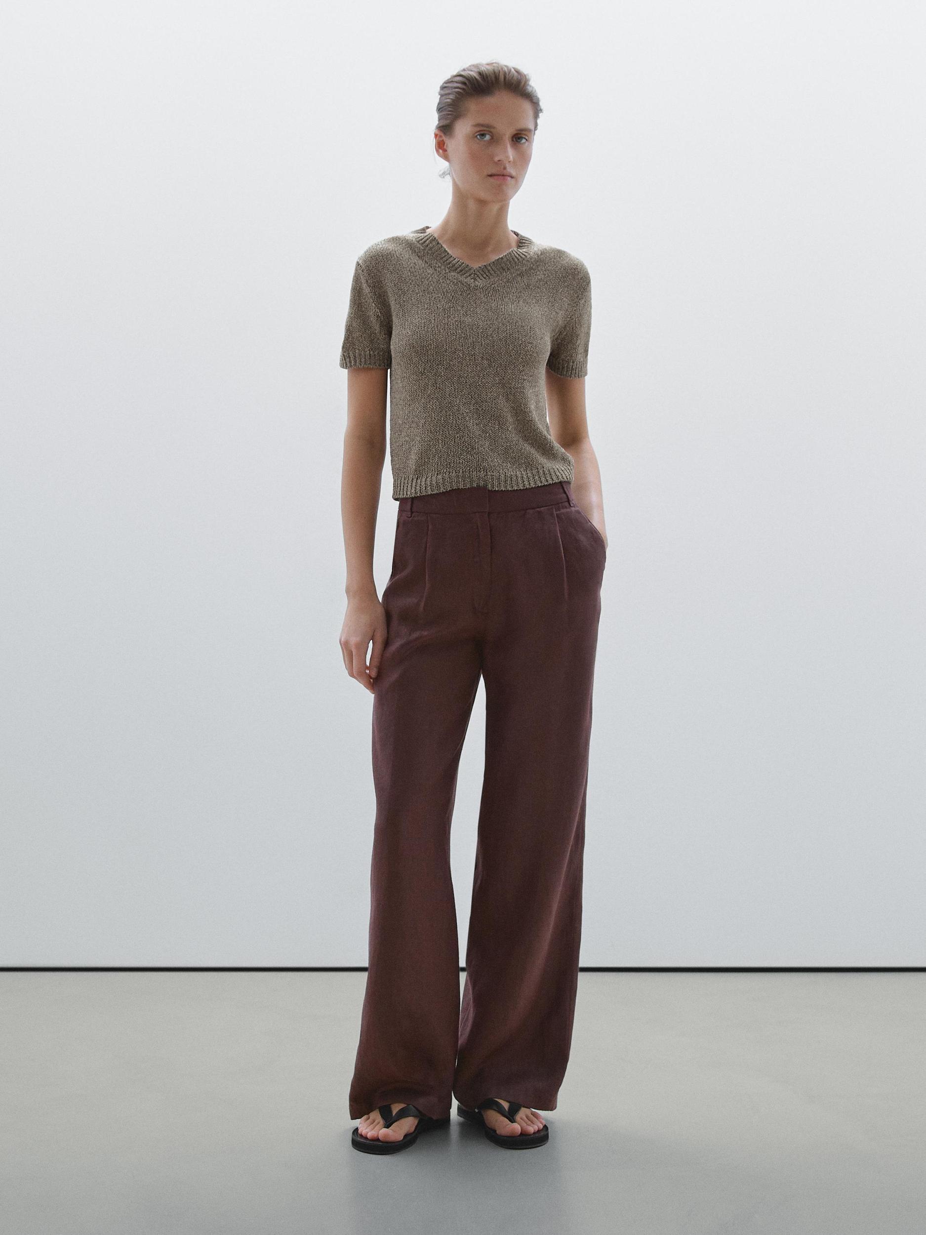100% linen wide-leg elastic detail trousers Product Image