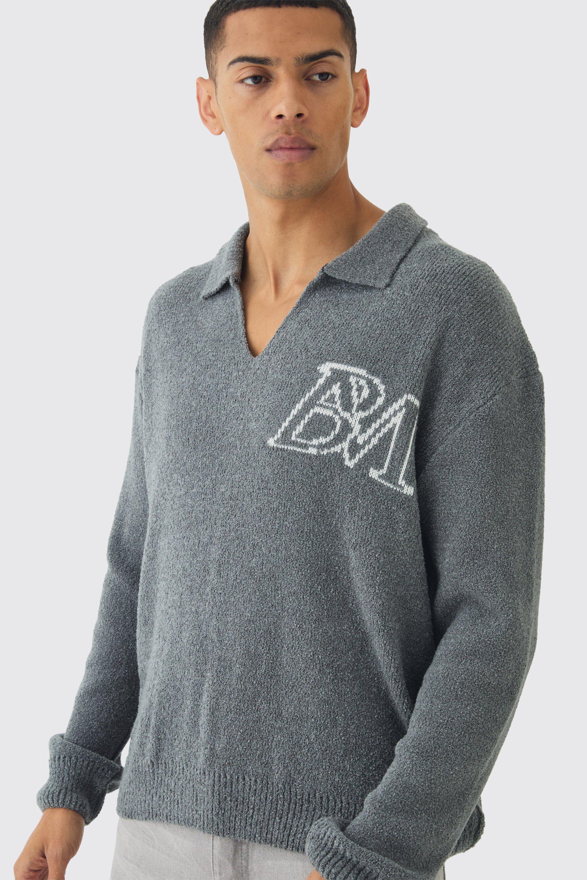 Oversized BM Boucle Knitted Polo Sweater | boohooMAN USA Product Image