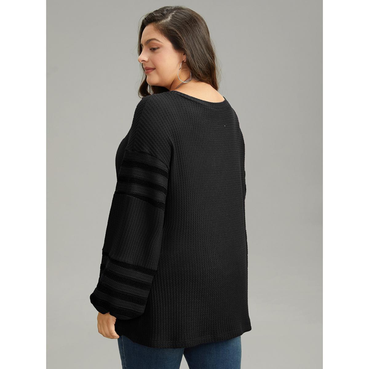 Plus Size Plain Texture Patchwork Hollow Out T-shirt Black Women Casual Elastic cuffs Plain Round Neck Dailywear T-shirts BloomChic 12/L Product Image