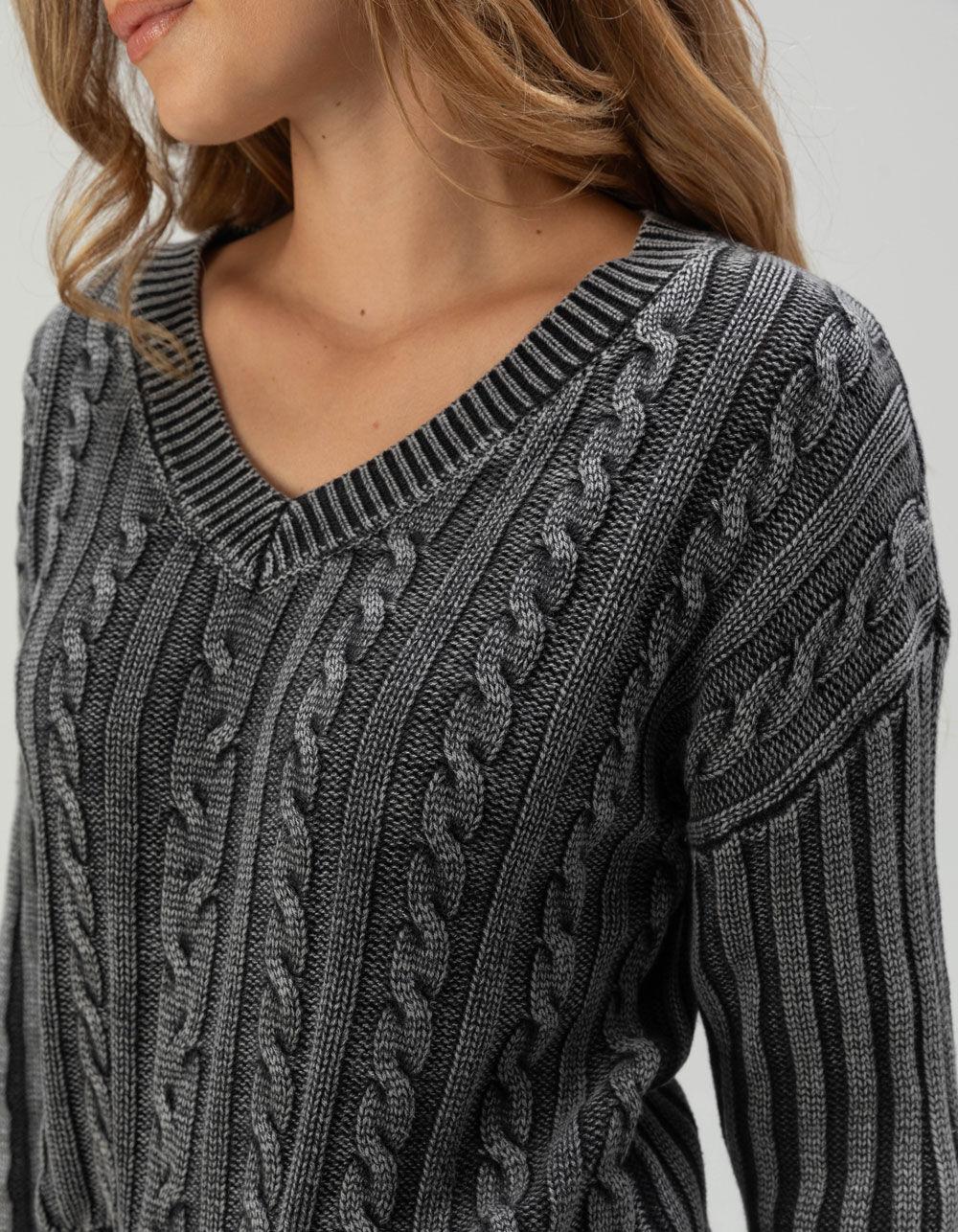 RSQ Womens Washed Cable Knit V-Neck Sweater - BLACK Product Image