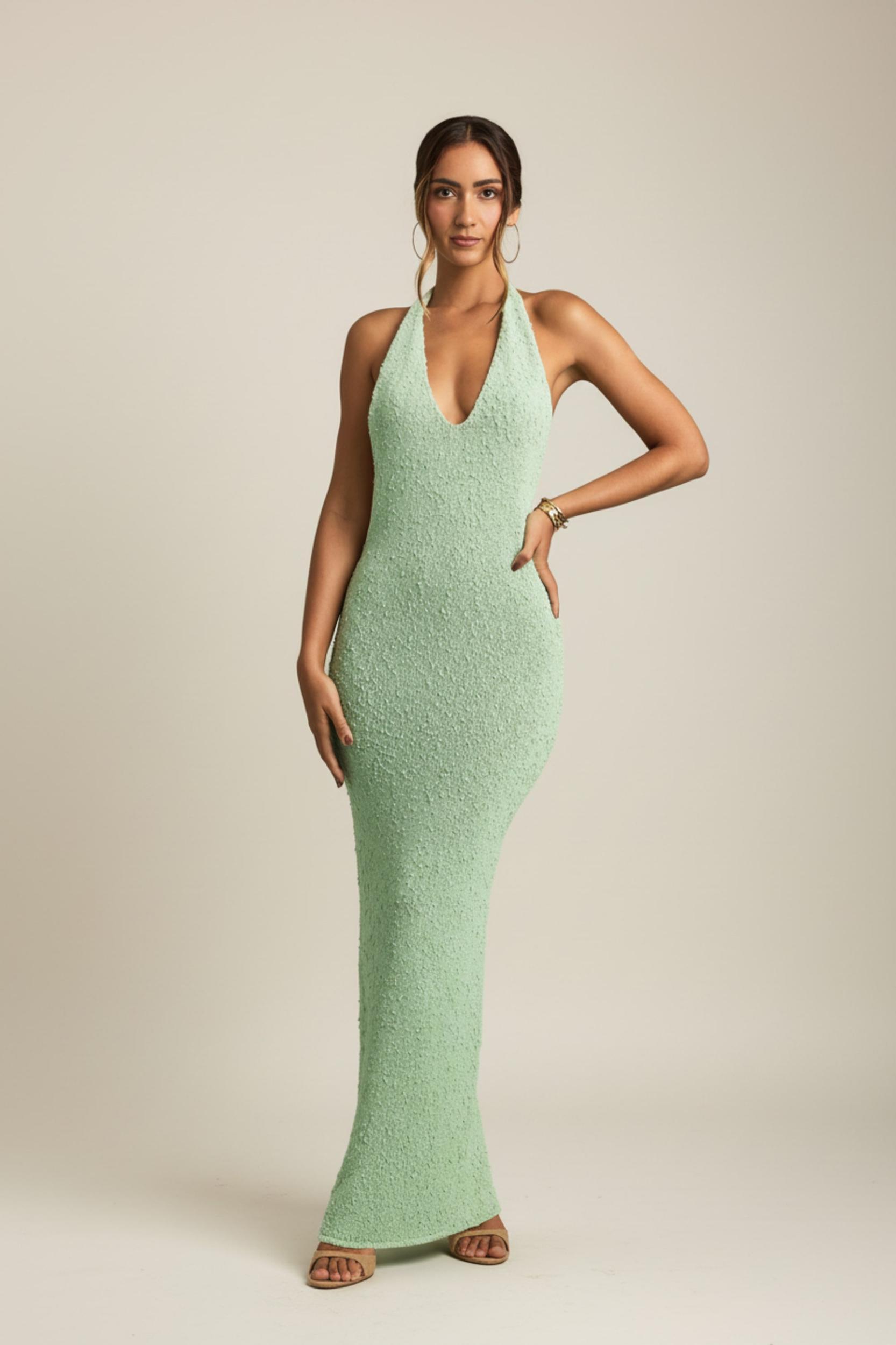 Bouclé Halterneck Maxi Dress in Mint Girls Product Image