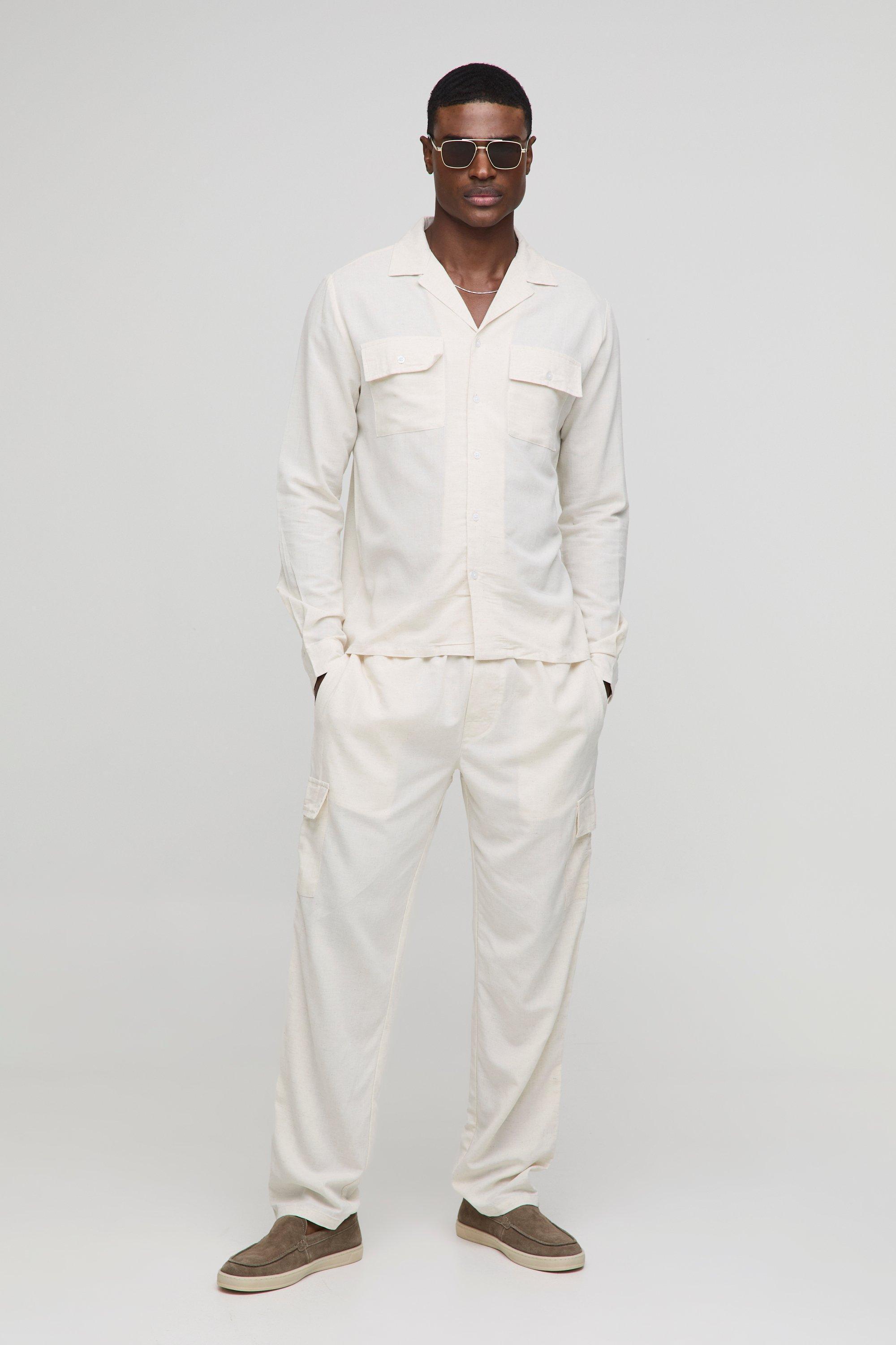 Long Sleeve Linen Cargo Shirt & Pants | boohooMAN USA Product Image