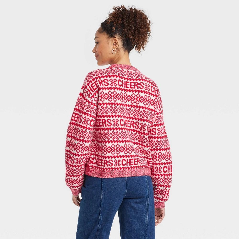 Women's Holiday Crewneck Pullover Sweater - A New Day™ Red/Cream Fair Isle Cheers XS Product Image