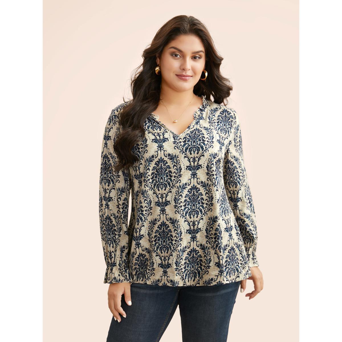 Plus Size Multicolor Boho Print Frill Trim Slit Hem Blouse Women Elegant Long Sleeve Notched collar Everyday Blouses BloomChic 10/M Product Image