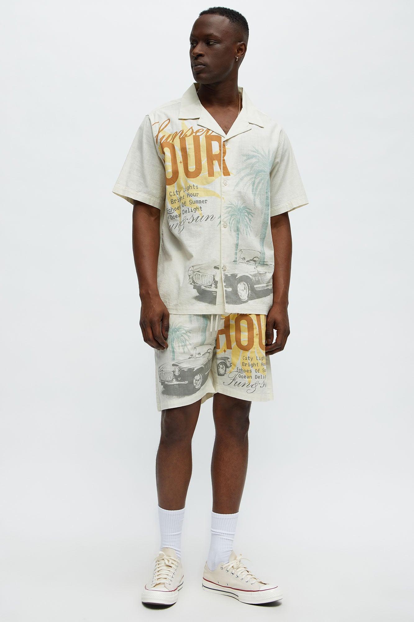 Sunset Hour Short Sleeve Button Up Shirt - Cream Product Image