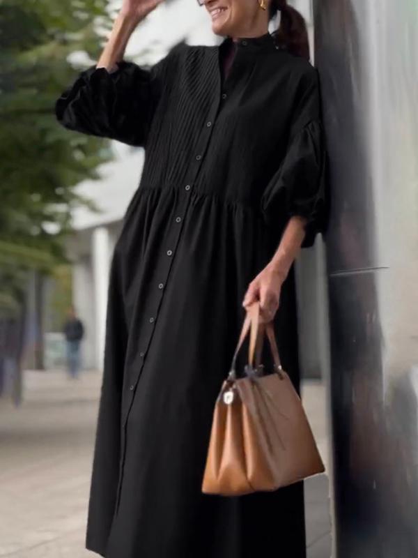 Half Sleeves Loose Buttoned Pleated Solid Color Tied Waist Stand Collar Maxi Dresses Product Image