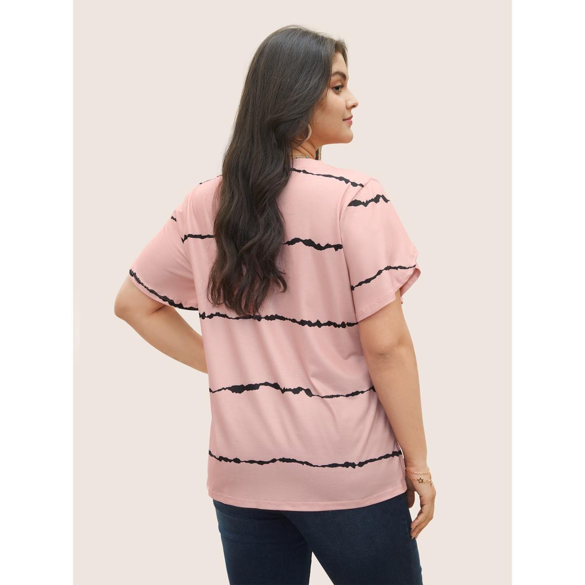 Plus Size Striped Contrast Petal Sleeve T-shirt Crepe Women Elegant Striped Everyday T-shirts BloomChic 26/4X Product Image