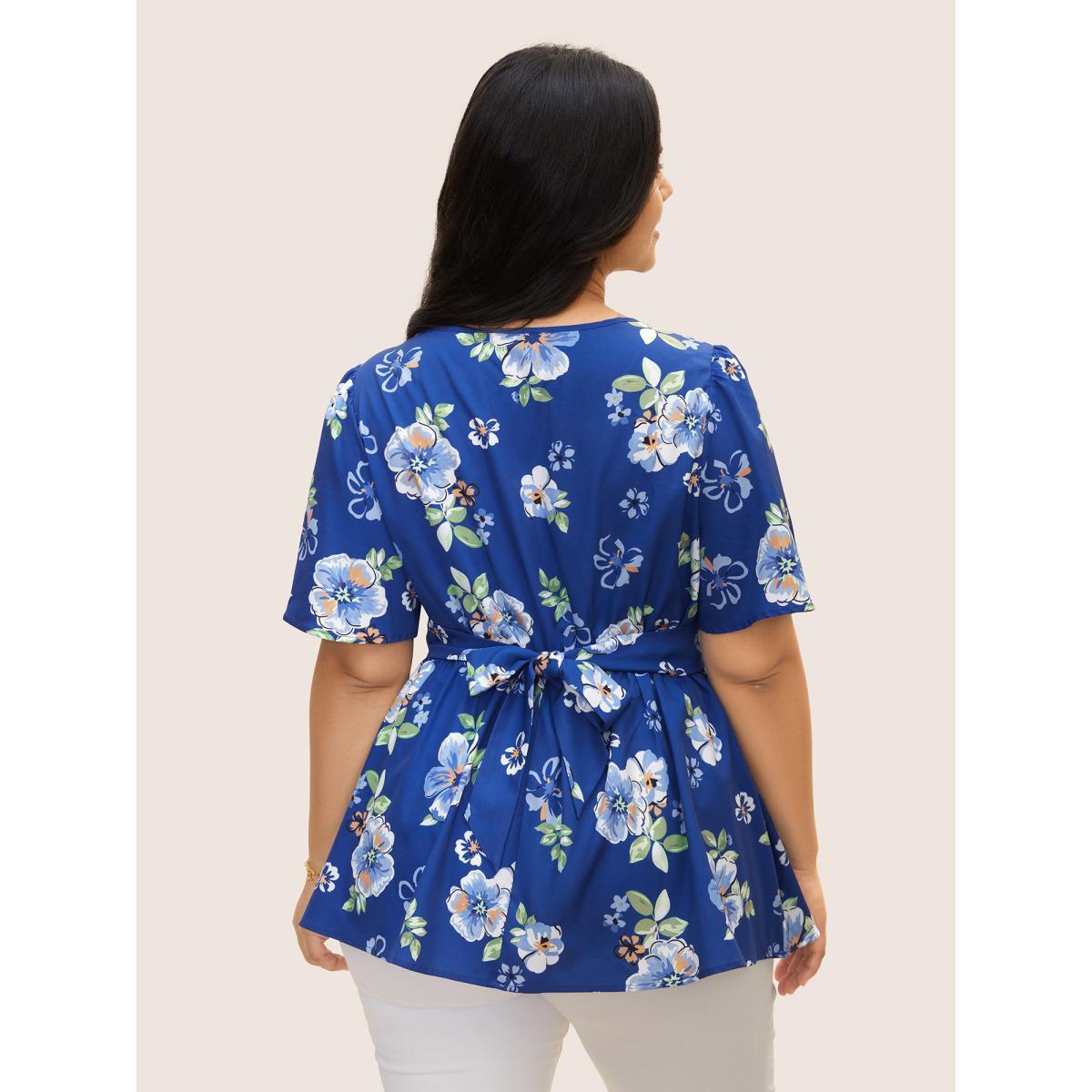 Plus Size Mediumblue Floral Print Ruched Ruffle Sleeve Blouse Women Elegant Short sleeve V-neck Everyday Blouses BloomChic 28/5X Product Image