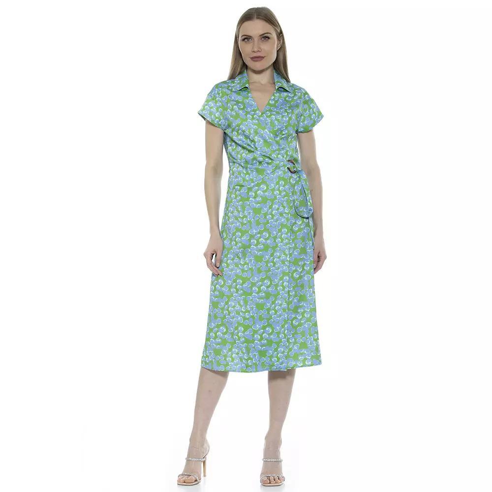 Women's ALEXIA ADMOR Paris Surplice Wrap Midi Dress With Waist Tie, Size: 8, Green Product Image