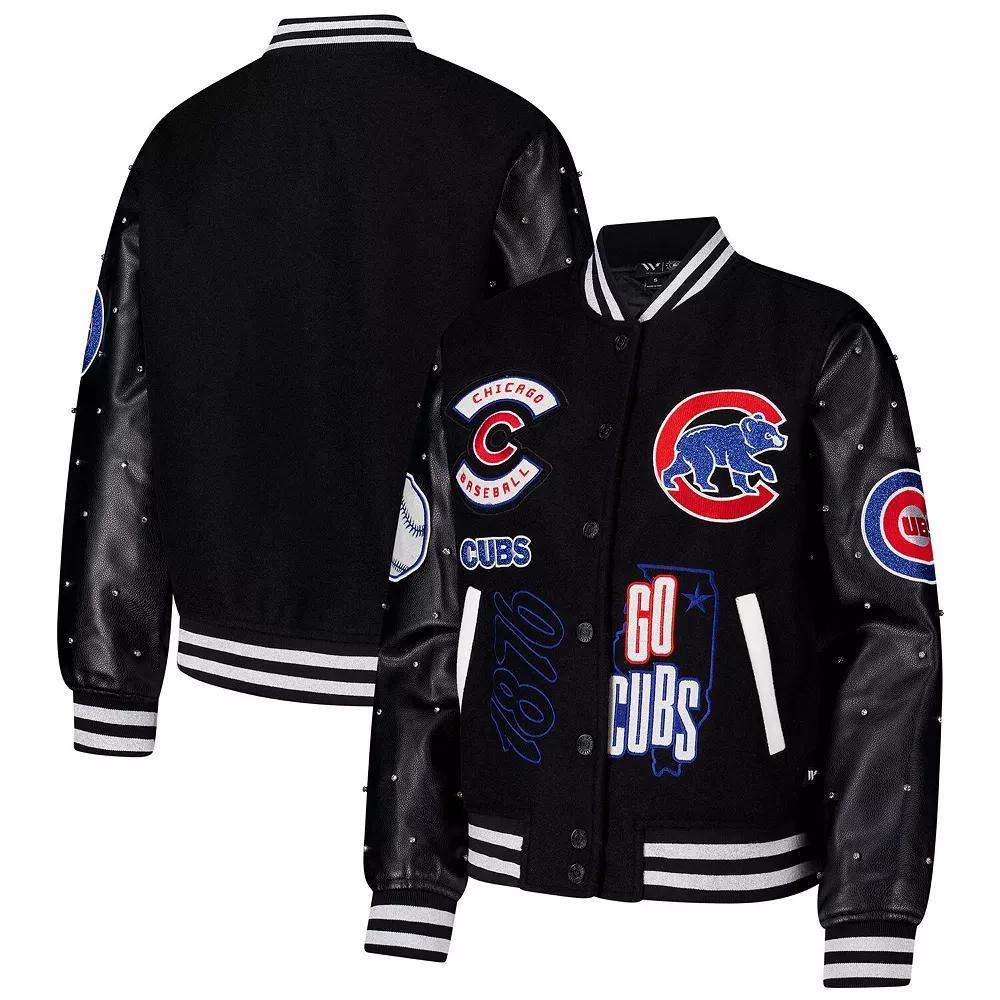Women's The Wild Collective Black Chicago Cubs Full-Snap Varsity Jacket, Size: Medium Product Image