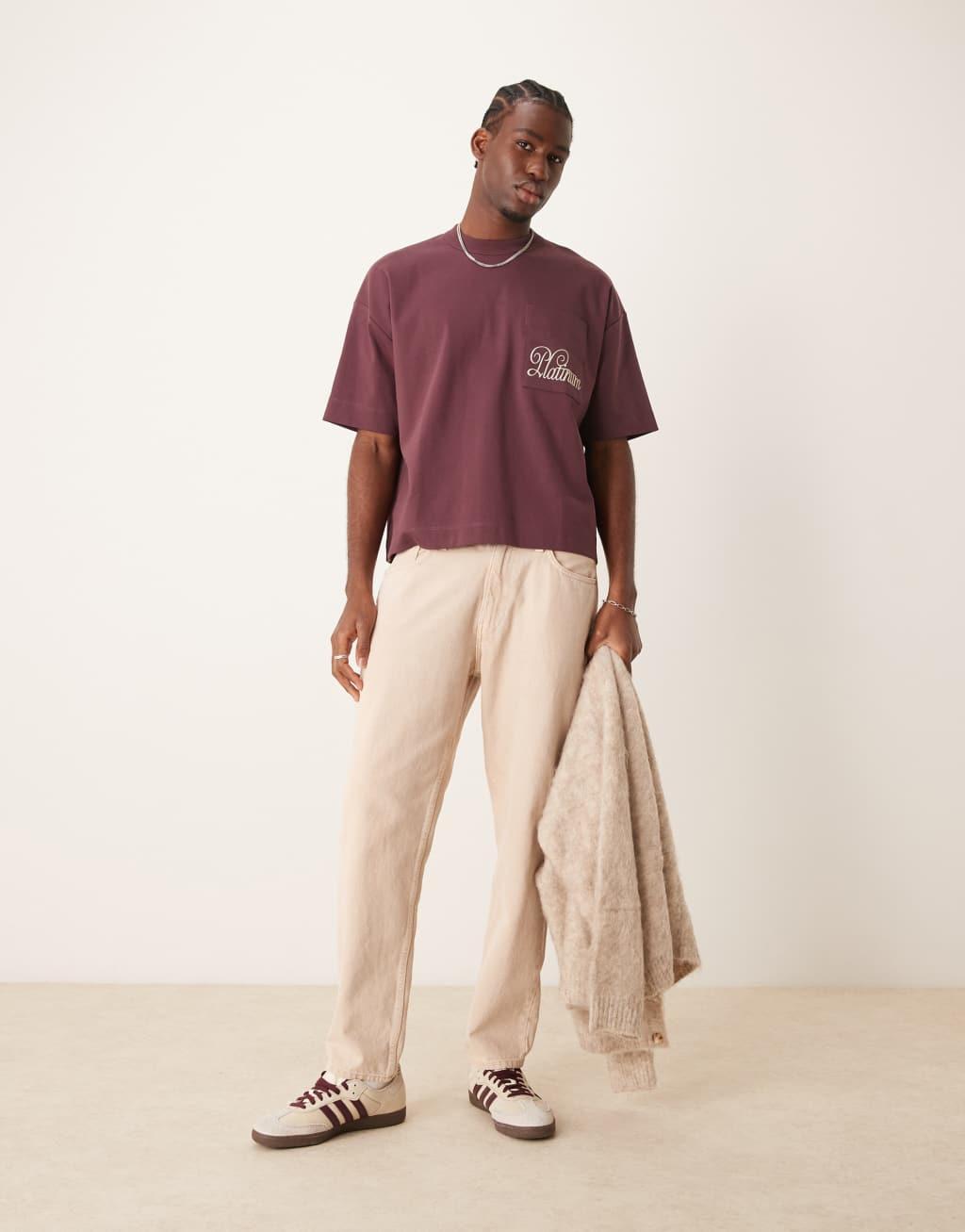 ASOS DESIGN boxy oversized t-shirt in premium heavyweight 300gsm burgundy with pocket print Product Image
