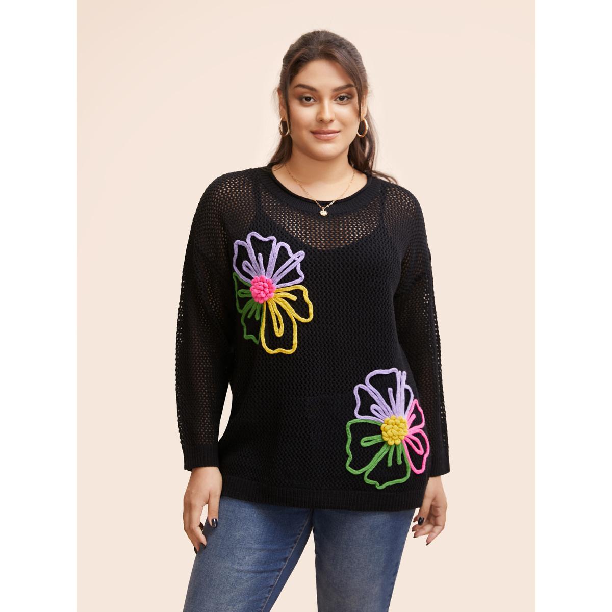 Plus Size Crochet Floral Contrast Texture Pullover Black Women Casual Long Sleeve Round Neck Everyday Pullovers BloomChic 10/M Product Image