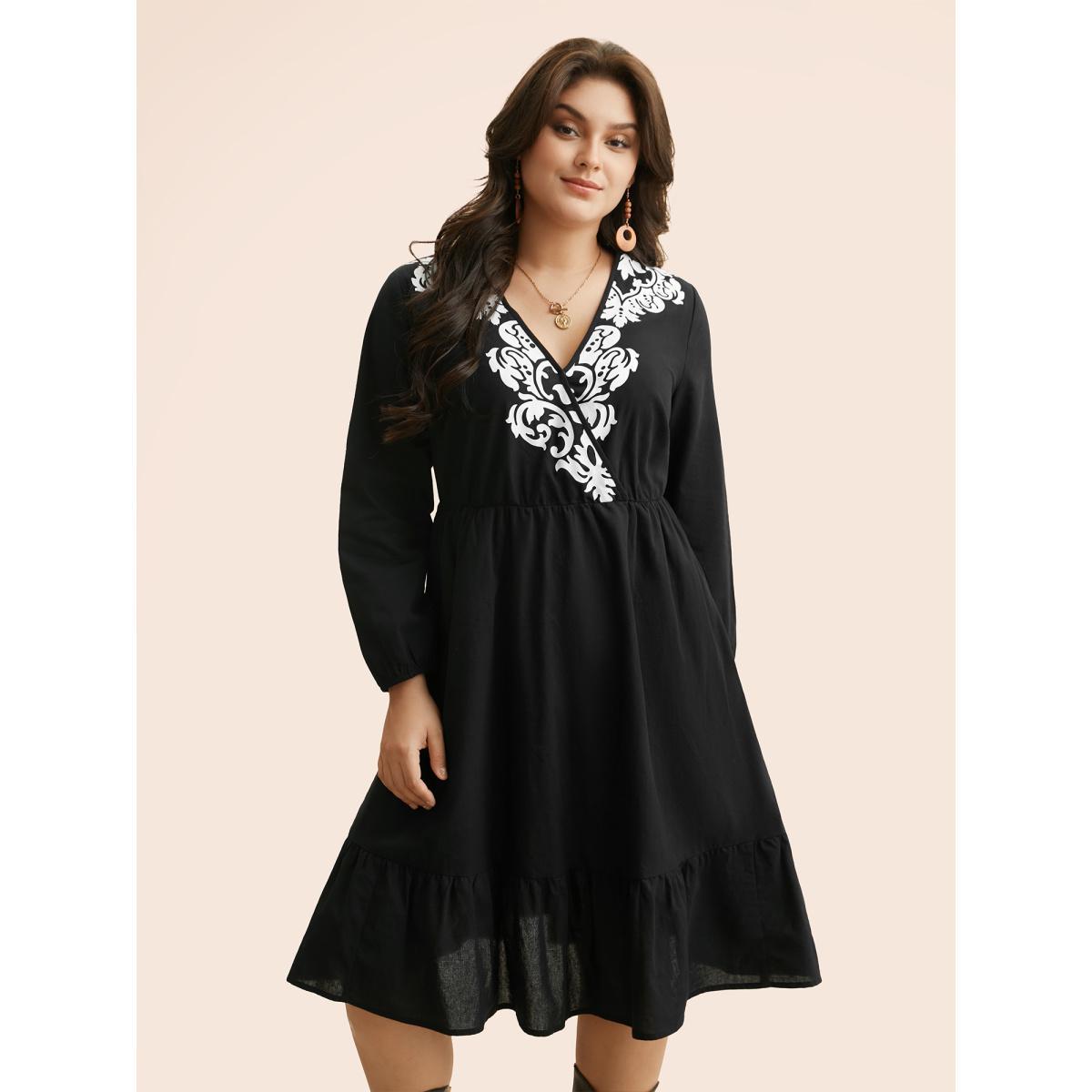 Plus Size Boho Print Overlap Collar Midi Dress Black Women Resort Non Overlap Collar Long Sleeve Curvy BloomChic 18-20/2X Product Image
