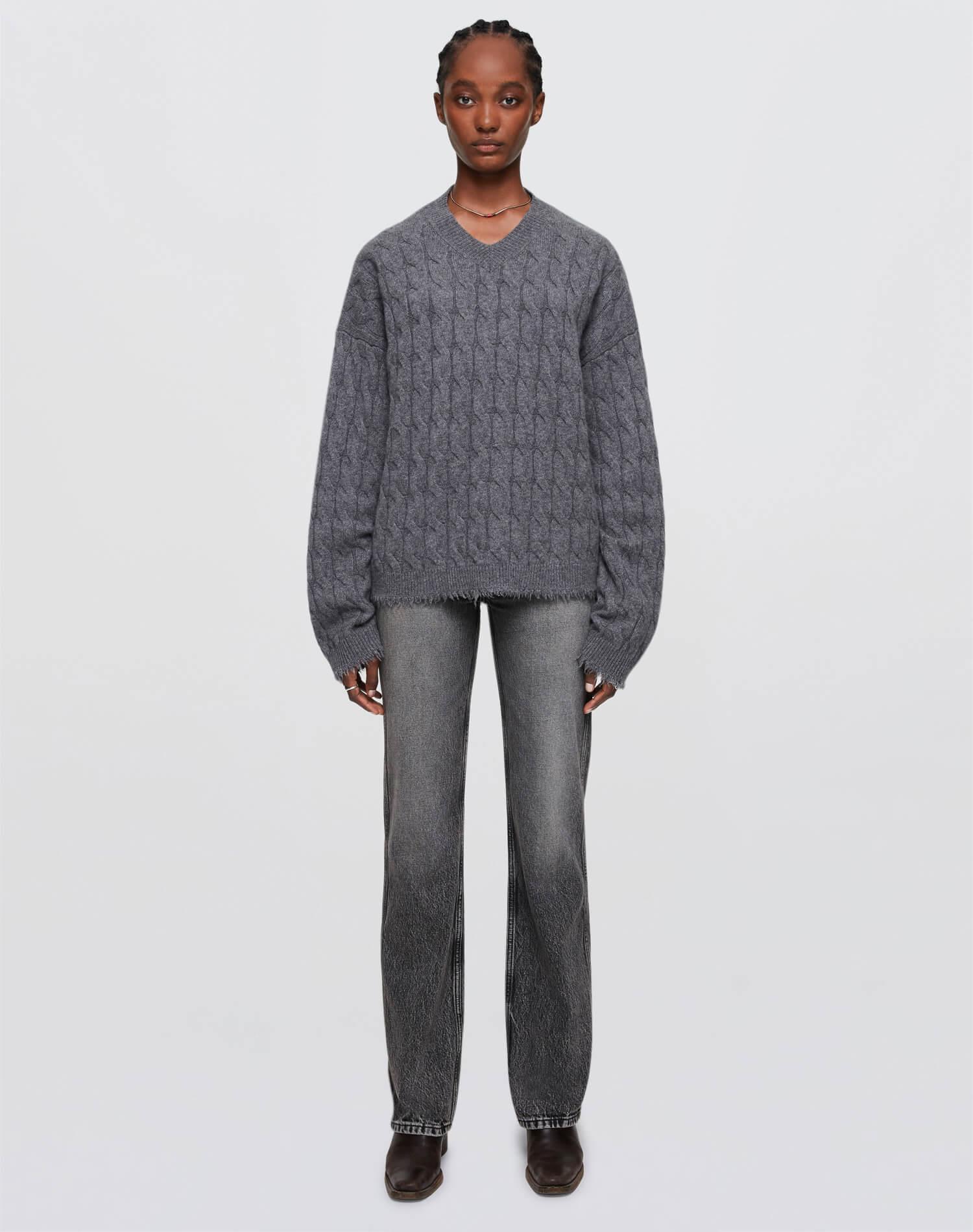 Cashmere Cable V Neck Pullover - Grey Heather Female Product Image