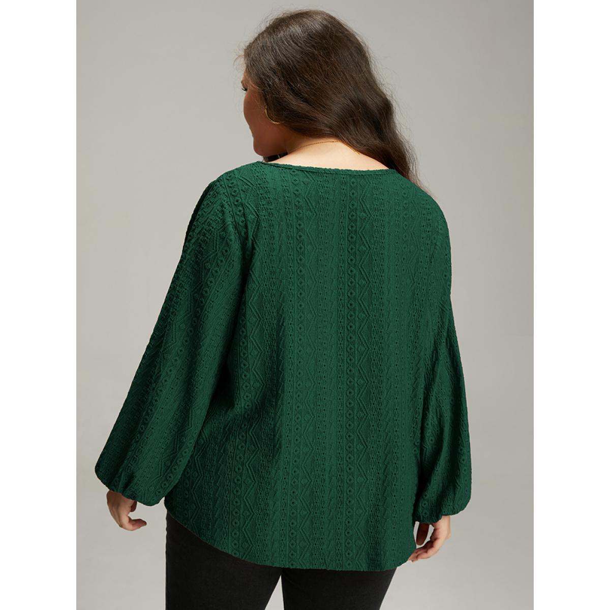 Plus Size Keyhole Plicated Detail Lantern Sleeve T-shirt DarkGreen Women Elegant Elastic cuffs Plain V-neck Dailywear T-shirts BloomChic 14-16/1X Product Image
