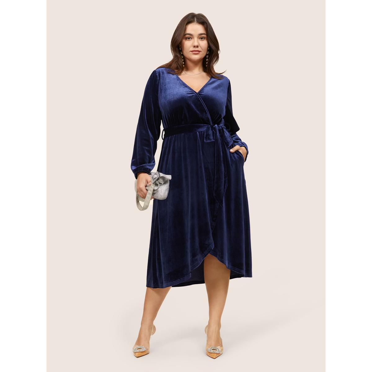 Plus Size Solid Velvet Belted Wrap Arc Hem Dress DarkBlue Women Elegant Elastic cuffs Overlap Collar Long Sleeve Curvy Midi Dress BloomChic 10/M Product Image